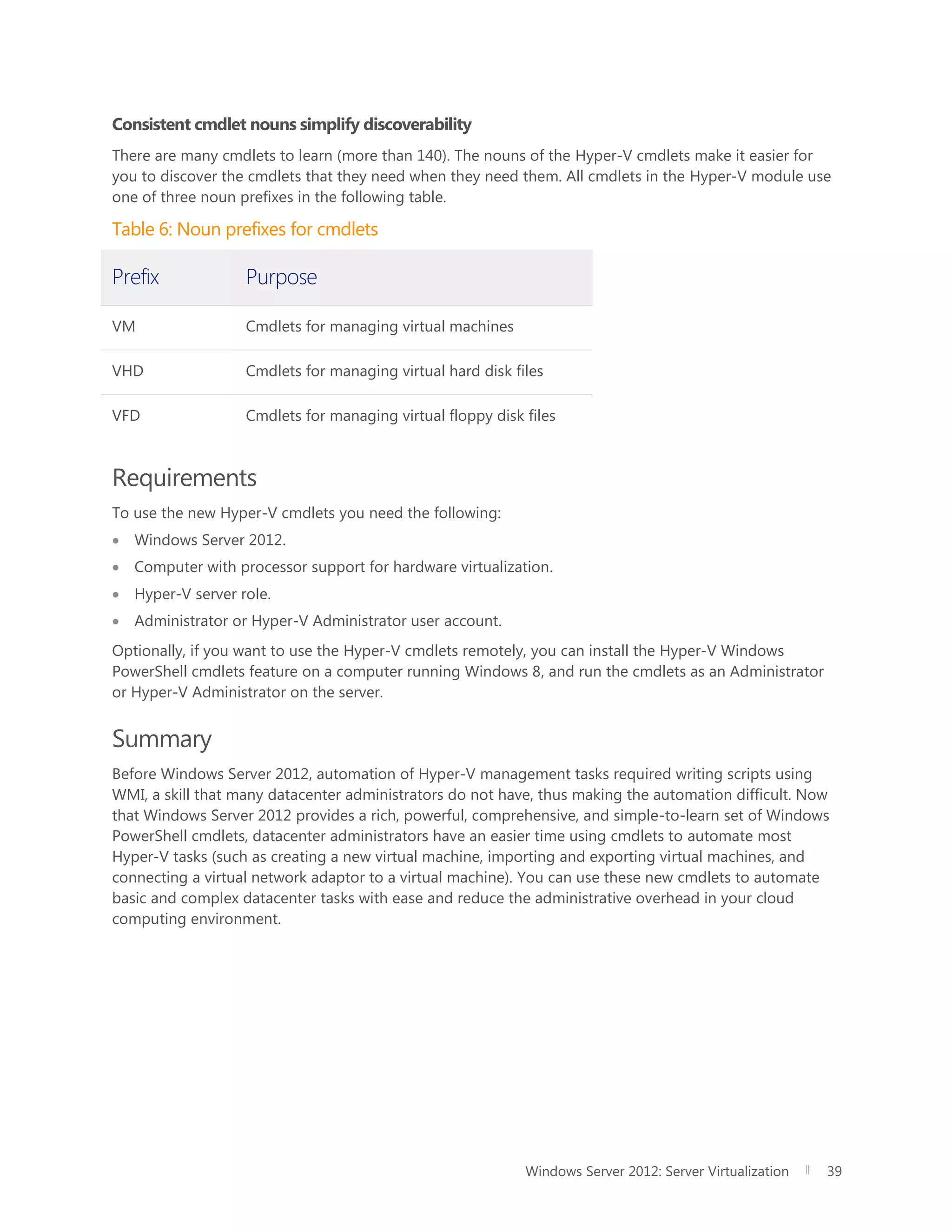 Windows Server 2012: Server Virtualization 39
Consistent cmdlet nouns simplify discoverability
There are many cmdlets to learn (more than 140). The nouns of the Hyper-V cmdlets make it easier for
you to discover the cmdlets that they need when they need them. All cmdlets in the Hyper-V module use
one of three noun prefixes in the following table.
Table 6: Noun prefixes for cmdlets
Prefix Purpose
VM Cmdlets for managing virtual machines
VHD Cmdlets for managing virtual hard disk files
VFD Cmdlets for managing virtual floppy disk files
Requirements
To use the new Hyper-V cmdlets you need the following:
 Windows Server 2012.
 Computer with processor support for hardware virtualization.
 Hyper-V server role.
 Administrator or Hyper-V Administrator user account.
Optionally, if you want to use the Hyper-V cmdlets remotely, you can install the Hyper-V Windows
PowerShell cmdlets feature on a computer running Windows 8, and run the cmdlets as an Administrator
or Hyper-V Administrator on the server.
Summary
Before Windows Server 2012, automation of Hyper-V management tasks required writing scripts using
WMI, a skill that many datacenter administrators do not have, thus making the automation difficult. Now
that Windows Server 2012 provides a rich, powerful, comprehensive, and simple-to-learn set of Windows
PowerShell cmdlets, datacenter administrators have an easier time using cmdlets to automate most
Hyper-V tasks (such as creating a new virtual machine, importing and exporting virtual machines, and
connecting a virtual network adaptor to a virtual machine). You can use these new cmdlets to automate
basic and complex datacenter tasks with ease and reduce the administrative overhead in your cloud
computing environment.
 