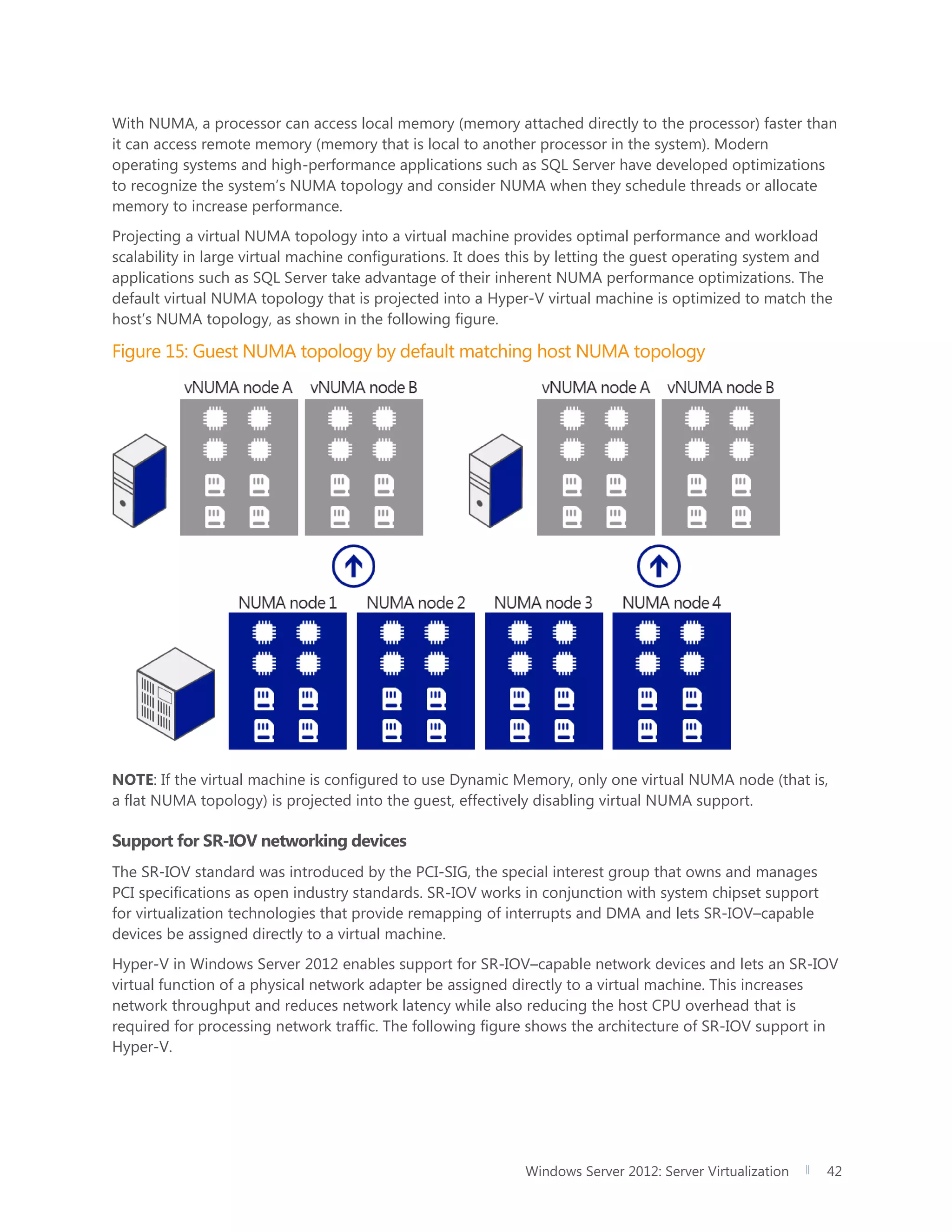 Windows Server 2012: Server Virtualization 42
With NUMA, a processor can access local memory (memory attached directly to the processor) faster than
it can access remote memory (memory that is local to another processor in the system). Modern
operating systems and high-performance applications such as SQL Server have developed optimizations
to recognize the system’s NUMA topology and consider NUMA when they schedule threads or allocate
memory to increase performance.
Projecting a virtual NUMA topology into a virtual machine provides optimal performance and workload
scalability in large virtual machine configurations. It does this by letting the guest operating system and
applications such as SQL Server take advantage of their inherent NUMA performance optimizations. The
default virtual NUMA topology that is projected into a Hyper-V virtual machine is optimized to match the
host’s NUMA topology, as shown in the following figure.
Figure 15: Guest NUMA topology by default matching host NUMA topology
NOTE: If the virtual machine is configured to use Dynamic Memory, only one virtual NUMA node (that is,
a flat NUMA topology) is projected into the guest, effectively disabling virtual NUMA support.
Support for SR-IOV networking devices
The SR-IOV standard was introduced by the PCI-SIG, the special interest group that owns and manages
PCI specifications as open industry standards. SR-IOV works in conjunction with system chipset support
for virtualization technologies that provide remapping of interrupts and DMA and lets SR-IOV–capable
devices be assigned directly to a virtual machine.
Hyper-V in Windows Server 2012 enables support for SR-IOV–capable network devices and lets an SR-IOV
virtual function of a physical network adapter be assigned directly to a virtual machine. This increases
network throughput and reduces network latency while also reducing the host CPU overhead that is
required for processing network traffic. The following figure shows the architecture of SR-IOV support in
Hyper-V.
 