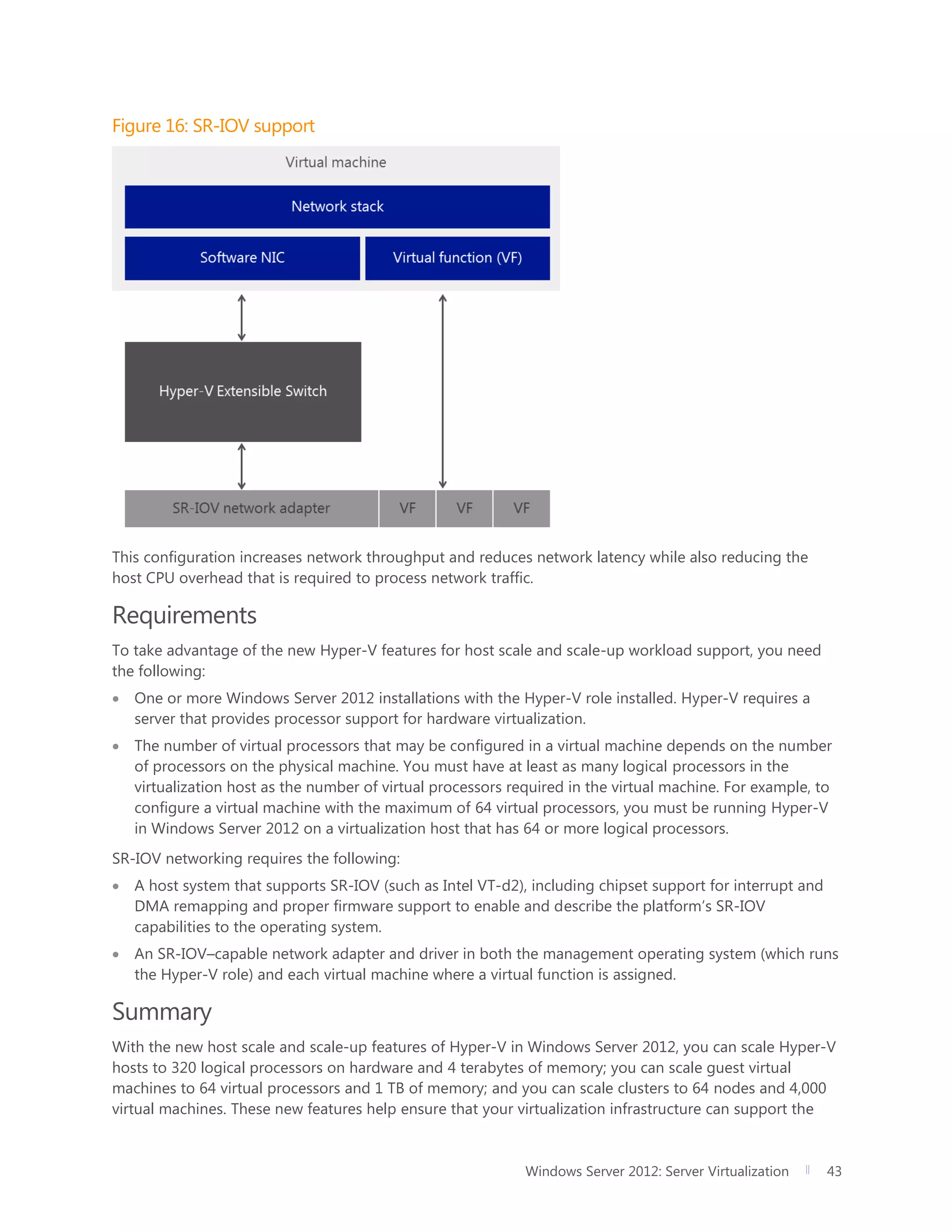 Windows Server 2012: Server Virtualization 43
Figure 16: SR-IOV support
This configuration increases network throughput and reduces network latency while also reducing the
host CPU overhead that is required to process network traffic.
Requirements
To take advantage of the new Hyper-V features for host scale and scale-up workload support, you need
the following:
 One or more Windows Server 2012 installations with the Hyper-V role installed. Hyper-V requires a
server that provides processor support for hardware virtualization.
 The number of virtual processors that may be configured in a virtual machine depends on the number
of processors on the physical machine. You must have at least as many logical processors in the
virtualization host as the number of virtual processors required in the virtual machine. For example, to
configure a virtual machine with the maximum of 64 virtual processors, you must be running Hyper-V
in Windows Server 2012 on a virtualization host that has 64 or more logical processors.
SR-IOV networking requires the following:
 A host system that supports SR-IOV (such as Intel VT-d2), including chipset support for interrupt and
DMA remapping and proper firmware support to enable and describe the platform’s SR-IOV
capabilities to the operating system.
 An SR-IOV–capable network adapter and driver in both the management operating system (which runs
the Hyper-V role) and each virtual machine where a virtual function is assigned.
Summary
With the new host scale and scale-up features of Hyper-V in Windows Server 2012, you can scale Hyper-V
hosts to 320 logical processors on hardware and 4 terabytes of memory; you can scale guest virtual
machines to 64 virtual processors and 1 TB of memory; and you can scale clusters to 64 nodes and 4,000
virtual machines. These new features help ensure that your virtualization infrastructure can support the
 