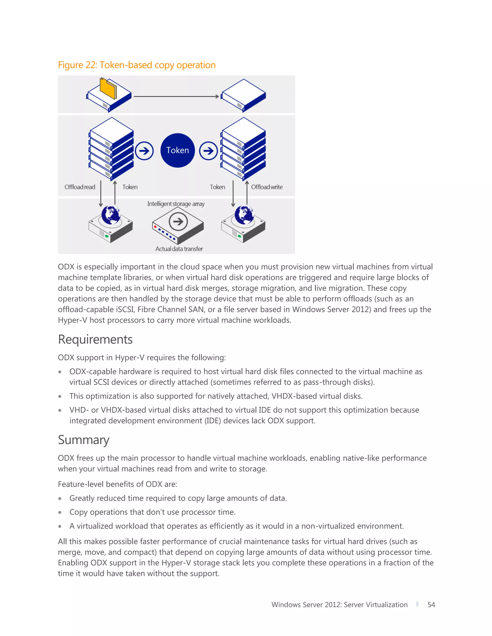 Windows Server 2012: Server Virtualization 54
Figure 22: Token-based copy operation
ODX is especially important in the cloud space when you must provision new virtual machines from virtual
machine template libraries, or when virtual hard disk operations are triggered and require large blocks of
data to be copied, as in virtual hard disk merges, storage migration, and live migration. These copy
operations are then handled by the storage device that must be able to perform offloads (such as an
offload-capable iSCSI, Fibre Channel SAN, or a file server based in Windows Server 2012) and frees up the
Hyper-V host processors to carry more virtual machine workloads.
Requirements
ODX support in Hyper-V requires the following:
 ODX-capable hardware is required to host virtual hard disk files connected to the virtual machine as
virtual SCSI devices or directly attached (sometimes referred to as pass-through disks).
 This optimization is also supported for natively attached, VHDX-based virtual disks.
 VHD- or VHDX-based virtual disks attached to virtual IDE do not support this optimization because
integrated development environment (IDE) devices lack ODX support.
Summary
ODX frees up the main processor to handle virtual machine workloads, enabling native-like performance
when your virtual machines read from and write to storage.
Feature-level benefits of ODX are:
 Greatly reduced time required to copy large amounts of data.
 Copy operations that don’t use processor time.
 A virtualized workload that operates as efficiently as it would in a non-virtualized environment.
All this makes possible faster performance of crucial maintenance tasks for virtual hard drives (such as
merge, move, and compact) that depend on copying large amounts of data without using processor time.
Enabling ODX support in the Hyper-V storage stack lets you complete these operations in a fraction of the
time it would have taken without the support.
 