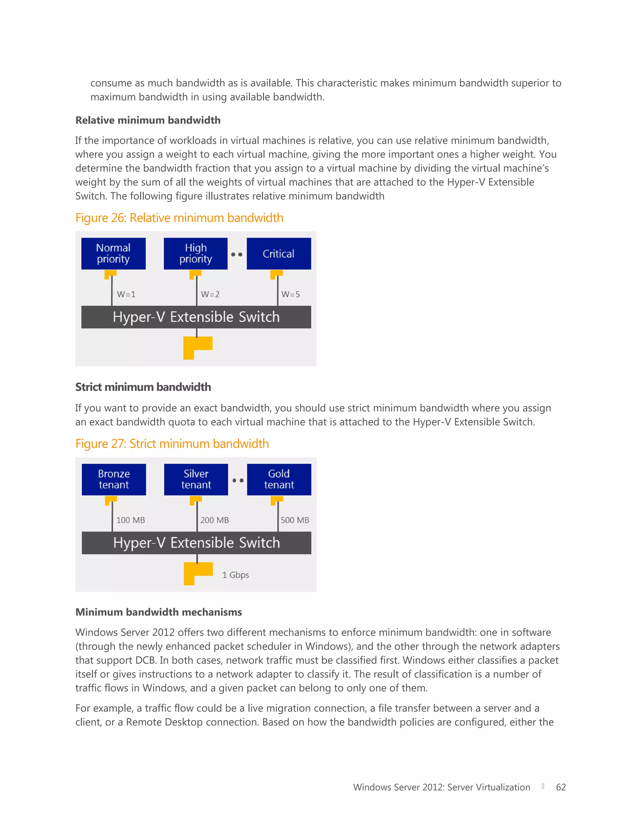 Windows Server 2012: Server Virtualization 62
consume as much bandwidth as is available. This characteristic makes minimum bandwidth superior to
maximum bandwidth in using available bandwidth.
Relative minimum bandwidth
If the importance of workloads in virtual machines is relative, you can use relative minimum bandwidth,
where you assign a weight to each virtual machine, giving the more important ones a higher weight. You
determine the bandwidth fraction that you assign to a virtual machine by dividing the virtual machine’s
weight by the sum of all the weights of virtual machines that are attached to the Hyper-V Extensible
Switch. The following figure illustrates relative minimum bandwidth
Figure 26: Relative minimum bandwidth
Strict minimum bandwidth
If you want to provide an exact bandwidth, you should use strict minimum bandwidth where you assign
an exact bandwidth quota to each virtual machine that is attached to the Hyper-V Extensible Switch.
Figure 27: Strict minimum bandwidth
Minimum bandwidth mechanisms
Windows Server 2012 offers two different mechanisms to enforce minimum bandwidth: one in software
(through the newly enhanced packet scheduler in Windows), and the other through the network adapters
that support DCB. In both cases, network traffic must be classified first. Windows either classifies a packet
itself or gives instructions to a network adapter to classify it. The result of classification is a number of
traffic flows in Windows, and a given packet can belong to only one of them.
For example, a traffic flow could be a live migration connection, a file transfer between a server and a
client, or a Remote Desktop connection. Based on how the bandwidth policies are configured, either the
 