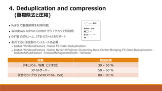  ReFS で重複排除を利用可能
 Windows Admin Center から 1クリックで有効化
 64TB のボリューム、1TB のファイルをサポート
 利用するには役割のインストールが必要
➢ Install-WindowsFeature -Name FS-Data-Deduplication
➢ Install-WindowsFeature -Name Hyper-V,Failover-Clustering,Data-Center-Bridging,FS-Data-Deduplication -
IncludeAllSubFeature -IncludeManagementTools –Verbose
4. Deduplication and compression
(重複除去と圧縮)
対象 削減効果
ドキュメント、写真、ビデオなど 30 – 50 %
ファイルサーバー 50 – 60 %
仮想化ライブラリ (VHDファイル、ISO) 80 – 90 %
 