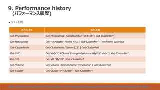 9. Performance history
(パフォーマンス履歴)
 コマンド例
オブジェクト コマンド例
Get-PhysicalDisk Get-PhysicalDisk -SerialNumber "XYZ456" | Get-ClusterPerf
Get-NetAdapter Get-NetAdapter -Name NIC1 | Get-ClusterPerf -TimeFrame LastHour
Get-ClusterNode Get-ClusterNode "Server123" | Get-ClusterPerf
Get-VHD Get-VHD "C:¥ClusterStorage¥MyVolume¥MyVHD.vhdx" | Get-ClusterPerf
Get-VM Get-VM "MyVM" | Get-ClusterPerf
Get-Volume Get-Volume -FriendlyName "MyVolume" | Get-ClusterPerf
Get-Cluster Get-Cluster "MyCluster" | Get-ClusterPerf
https://docs.microsoft.com/en-us/windows-server/storage/storage-spaces/performance-history#specify-the-object
 