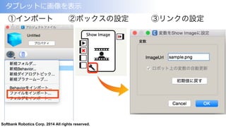 Softbank Robotics Corp. 2014 All rights reserved.
タブレットに画像を表⽰示 　
①インポート  ②ボックスの設定   ③リンクの設定 
 
