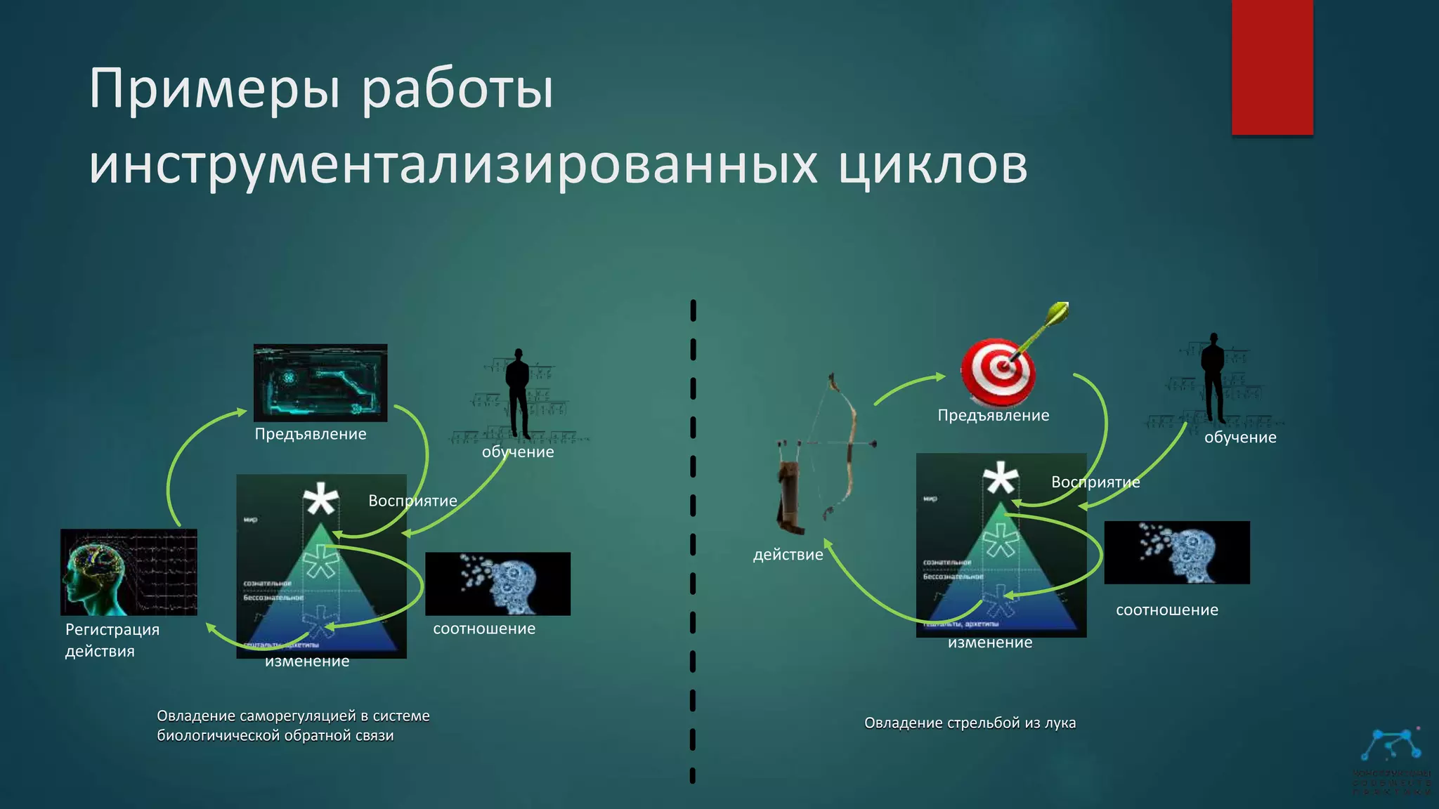 Примеры работы
инструментализированных циклов
Регистрация
действия
Предъявление
Восприятие
соотношение
изменение
Овладение саморегуляцией в системе
биологичической обратной связи
действие
Предъявление
Восприятие
соотношение
изменение
обучение
обучение
Овладение стрельбой из лука
 