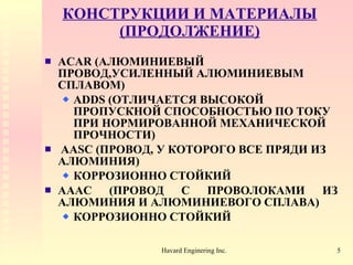 КОНСТРУКЦИИ И МАТЕРИАЛЫ (ПРОДОЛЖЕНИЕ) ACAR ( АЛЮМИНИЕВЫЙ ПРОВОД , УСИЛЕННЫЙ АЛЮМИНИЕВЫМ СПЛАВОМ )  ADDS  (ОТЛИЧАЕТСЯ ВЫСОКОЙ ПРОПУСКНОЙ СПОСОБНОСТЬЮ ПО ТОКУ ПРИ НОРМИРОВАННОЙ МЕХАНИЧЕСКОЙ ПРОЧНОСТИ)   AASC ( ПРОВОД, У КОТОРОГО ВСЕ ПРЯДИ ИЗ АЛЮМИНИЯ) КОРРОЗИОННО СТОЙКИЙ AAAC ( ПРОВОД С ПРОВОЛОКАМИ ИЗ АЛЮМИНИЯ И АЛЮМИНИЕВОГО СПЛАВА ) КОРРОЗИОННО СТОЙКИЙ 