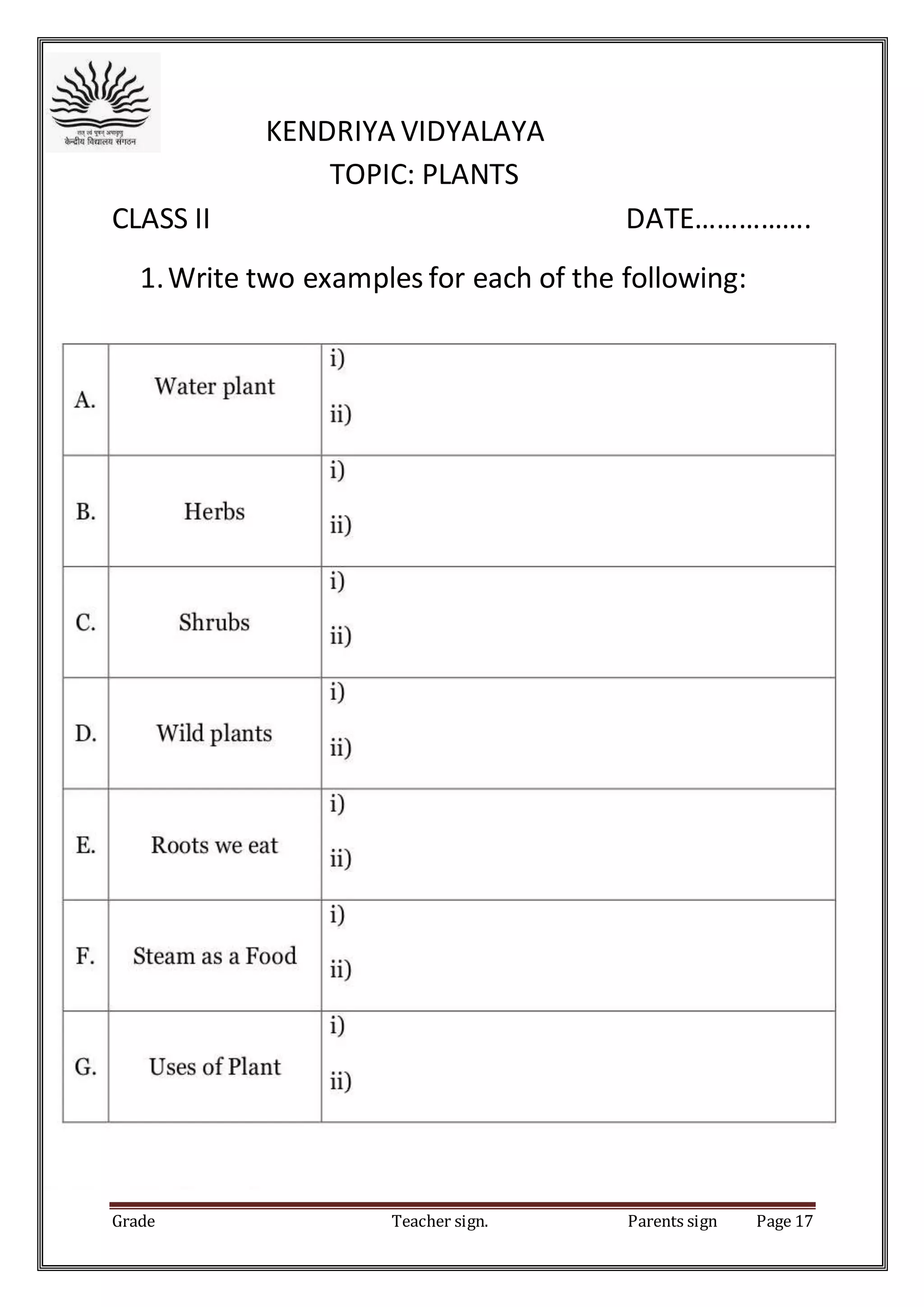 Grade Teacher sign. Parents sign Page 17
KENDRIYA VIDYALAYA
TOPIC: PLANTS
CLASS II DATE…………….
1.Write two examples for each of the following:
 