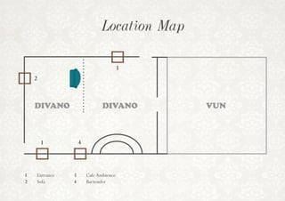 Location Map
VUNDIVANODIVANO
2
1
3
4
1	Entrance
2	Sofa
3	 CafeAmbience
4	Bartender
 