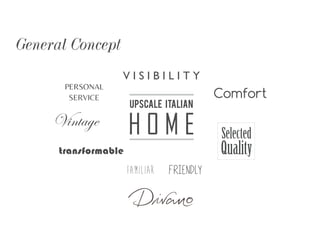 General Concept
Upscale Italian
H O M E
V I S I B I L I T Y
PERSONAL
SERVICE Comfort
FRIENDLY
Vintage
transformable
Selected
Quality
Familiar
 