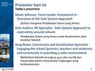 5
Presenter hari ini
Today's presenters
Mavis Johnson, Team Leader Component A -
Overview of the Safe System Approach
(Sekilas mengenai Pendekatan Sistem yang Aman)
Dale Andrea, RS Specialist - Safe System Approach to
road safety around schools
Pendekatan Sistem yang Aman untuk Keselamatan Jalan
disekitar Sekolah
Greg Rowe, Community and Socialisation Specialist -
Engaging the school (parents, teachers and students)
and community in providing a safer environment
Melibatkan Sekolah (orangtua, guru dan murid) dan
masyarakat dalam menyediakan lingkungan yang
berkeselamatan
 