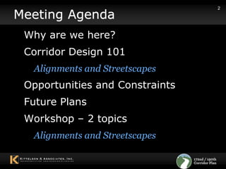 2Meeting AgendaWhy are we here? Corridor Design 101 Alignments and StreetscapesOpportunities and Constraints Future Plans Workshop – 2 topics Alignments and Streetscapes 