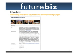 Info-Tab:
Platzierung relevanter Keywords und externer Verlingkungen




                                                             11
 