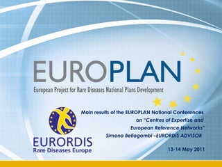 Main results of the EUROPLAN National Conferences  on “ Centres of Expertise and  European Reference Networks ” Simona Bellagambi –EURORDIS ADVISOR  13-14 May 2011 