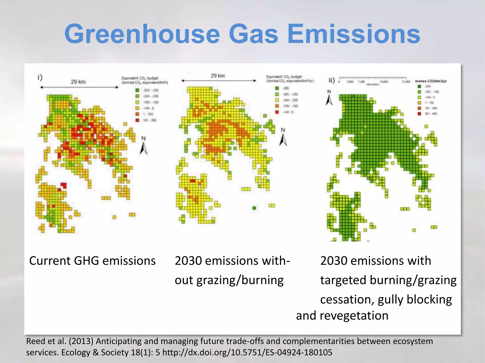 Greenhouse Gas Emissions
Current GHG emissions 2030 emissions with- 2030 emissions with
out grazing/burning targeted burning/grazing
cessation, gully blocking
and revegetation
Reed et al. (2013) Anticipating and managing future trade-offs and complementarities between ecosystem
services. Ecology & Society 18(1): 5 http://dx.doi.org/10.5751/ES-04924-180105
 