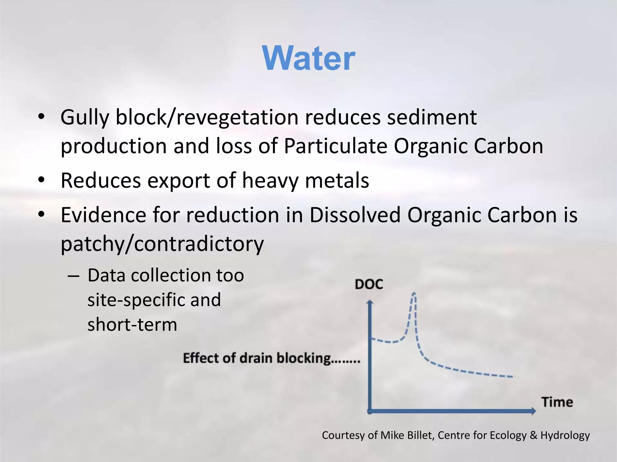 Water
• Gully block/revegetation reduces sediment
production and loss of Particulate Organic Carbon
• Reduces export of heavy metals
• Evidence for reduction in Dissolved Organic Carbon is
patchy/contradictory
– Data collection too
site-specific and
short-term
Courtesy of Mike Billet, Centre for Ecology & Hydrology
 