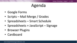 Agenda
• Google Forms
• Scripts – Mail Merge / Grades
• Spreadsheets – Smart Schedule
• Spreadsheets + JavaScript – Signage
• Browser Plugins
• Cardboard
