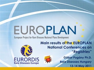 Main results of the EUROPLAN NationalConferences on “Registries” Gábor Pogány Ph.D. RareDiseases Hungary 13-14 May 2011 