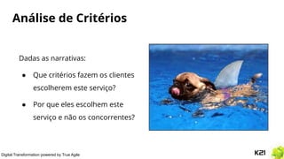 Digital Transformation powered by True Agile
Análise de Critérios
Dadas as narrativas:
● Que critérios fazem os clientes
escolherem este serviço?
● Por que eles escolhem este
serviço e não os concorrentes?
 