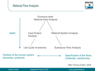 Material Flow Analysis Economy-wide  Material Flow Analysis Material System Analysis Input-Output Analysis Life Cycle Inventories  Substance Flow Analysis Partition of the human system (branches, products) detail Specification of the flows (materials, substances) After Femia & Moll, 2005 