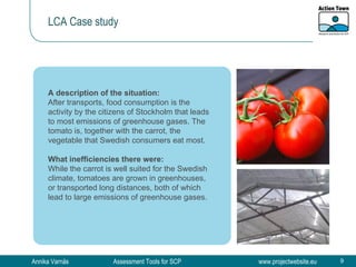 LCA Case study A description of the situation:  After transports, food consumption is the activity by the citizens of Stockholm that leads to most emissions of greenhouse gases. The tomato is, together with the carrot, the vegetable that Swedish consumers eat most.  What inefficiencies there were:  While the carrot is well suited for the Swedish climate, tomatoes are grown in greenhouses, or transported long distances, both of which lead to large emissions of greenhouse gases. 