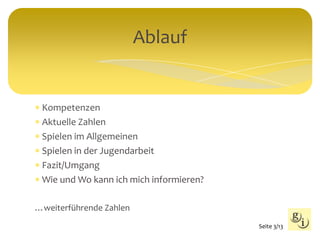  Kompetenzen
 Aktuelle Zahlen
 Spielen im Allgemeinen
 Spielen in der Jugendarbeit
 Fazit/Umgang
 Wie und Wo kann ich mich informieren?
…weiterführende Zahlen
Ablauf
Seite 3/13
 