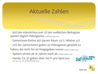 Aktuelle Zahlen
 60% der männlichen und 17% der weiblichen Befragten
spielen täglich Videogames (JAMES-Studie 2014)
 Gemeinsam Online 35% davon: Raum 23 % / Alleine: 51%
 70% der GamerInnen geben an Videogames gespielt zu
haben, die nicht für sie freigegeben waren (JAMES-Studie 2012)
 Spielen nimmt ab 16 Jahren stark ab (JAMES-Studie 2014)
 Handy: Ca. 3% geben über 100 Fr pro Spiel aus.
30% 14 Fr, ca. 70% nichts (BITKOM 2012)
Seite 5/13
 