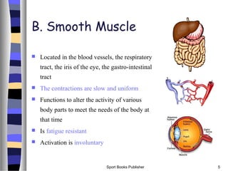 Sport Books Publisher 5
B. Smooth Muscle
 Located in the blood vessels, the respiratory
tract, the iris of the eye, the gastro-intestinal
tract
 The contractions are slow and uniform
 Functions to alter the activity of various
body parts to meet the needs of the body at
that time
 Is fatigue resistant
 Activation is involuntary
 