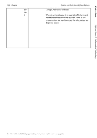 Unit 1: Scene                                                                                                    Creative and Media: Level 2 Higher Diploma




                                                                                                                                                               Unit 1: Scene
                                 Stu                                             Laptops, notebook, textbook.
                                 den
                                 t                                               When in university you sit in a variety of lectures and
                                                                                 need to take notes from the lecturer. Some of the
                                                                                 resources that are used to record the information are
                                                                                 displayed above.




                                                                                                                                                              Diploma Level 2  Information Technology




2   © Pearson Education Ltd 2008. Copying permitted for purchasing institution only. This material is not copyright free.
 