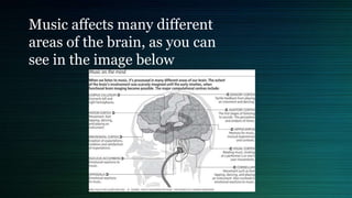 Music affects many different
areas of the brain, as you can
see in the image below
 