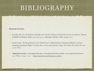 BIBLIOGRAPHY

Domestic Services:


   Jureidini, Ray. "In the Shadows of Family Life: Toward a History of Domestic Service in Lebanon." Journal
   of Middle East Women's Studies 5.3 (2009): 74-101. Humanities Fu# Text. Web. 19 June 2010.


   Swider, Sarah. "Working Women of the World Unite?" Global Feminism: Transnational Women's Activism,
   Organizing, and Human Rights. Ed. Myra Marx. Ferree and Aili Mari. Tripp. New York: New York UP, 2006.
   121-28. Print.


   "domestic service." Encyclopædia Britannica. Encyclopædia Britannica Online. Encyclopædia Britannica,
   2010. Web. 19 June 2010  <http://search.eb.com/eb/article-9030861>.
 