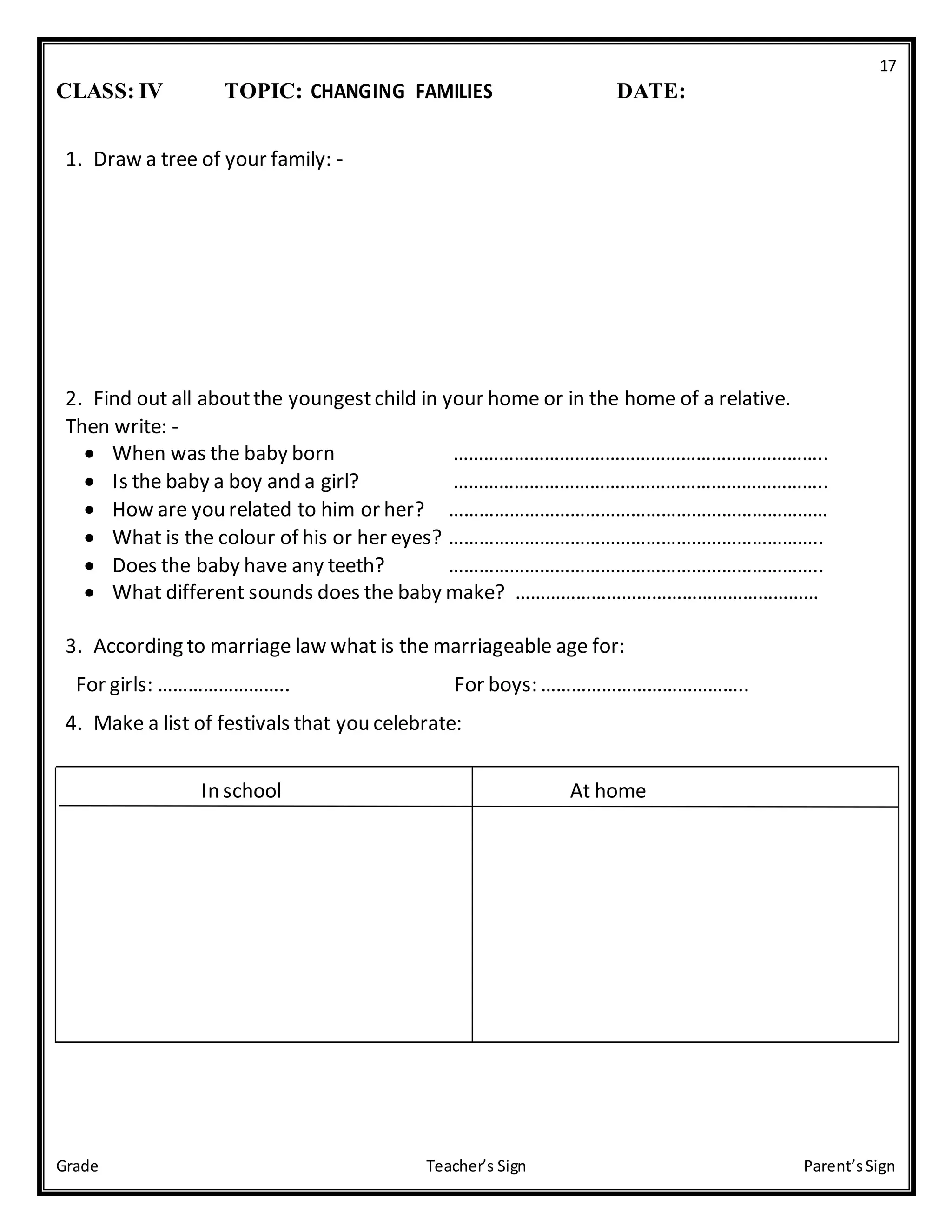 17
Grade Teacher’s Sign Parent’sSign
CLASS: IV TOPIC: CHANGING FAMILIES DATE:
1. Draw a tree of your family: -
2. Find out all aboutthe youngestchild in your home or in the home of a relative.
Then write: -
 When was the baby born ………………………………………………………………..
 Is the baby a boy and a girl? ………………………………………………………………..
 How are you related to him or her? …………………………………………………………………
 What is the colour of his or her eyes? ………………………………………………………………..
 Does the baby have any teeth? ………………………………………………………………..
 What different sounds does the baby make? ……………………………………………………
3. According to marriage law what is the marriageable age for:
For girls: …………………….. For boys: …………………………………..
4. Make a list of festivals that you celebrate:
In school At home
 