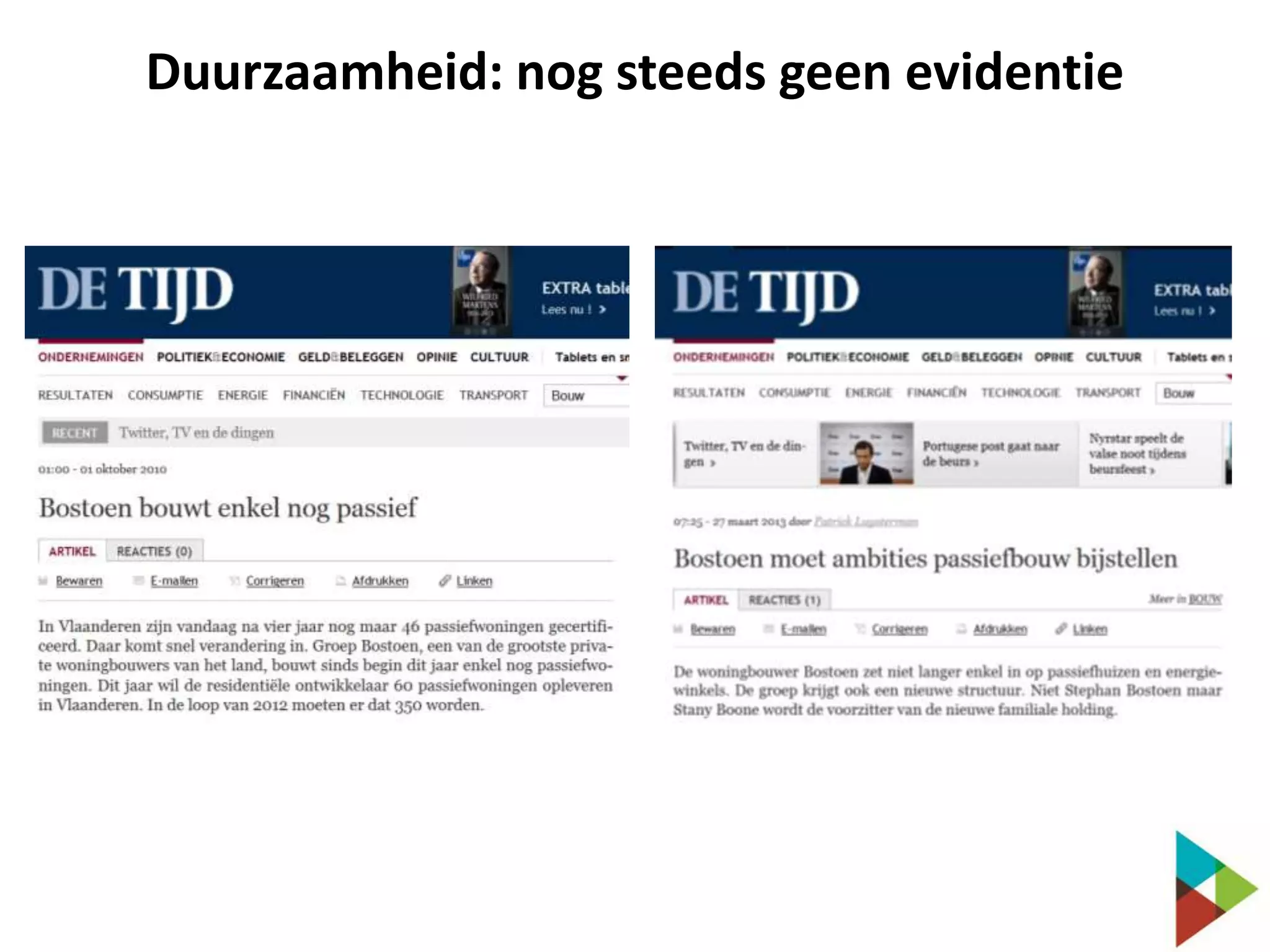 Duurzaamheid: nog steeds geen evidentie

 