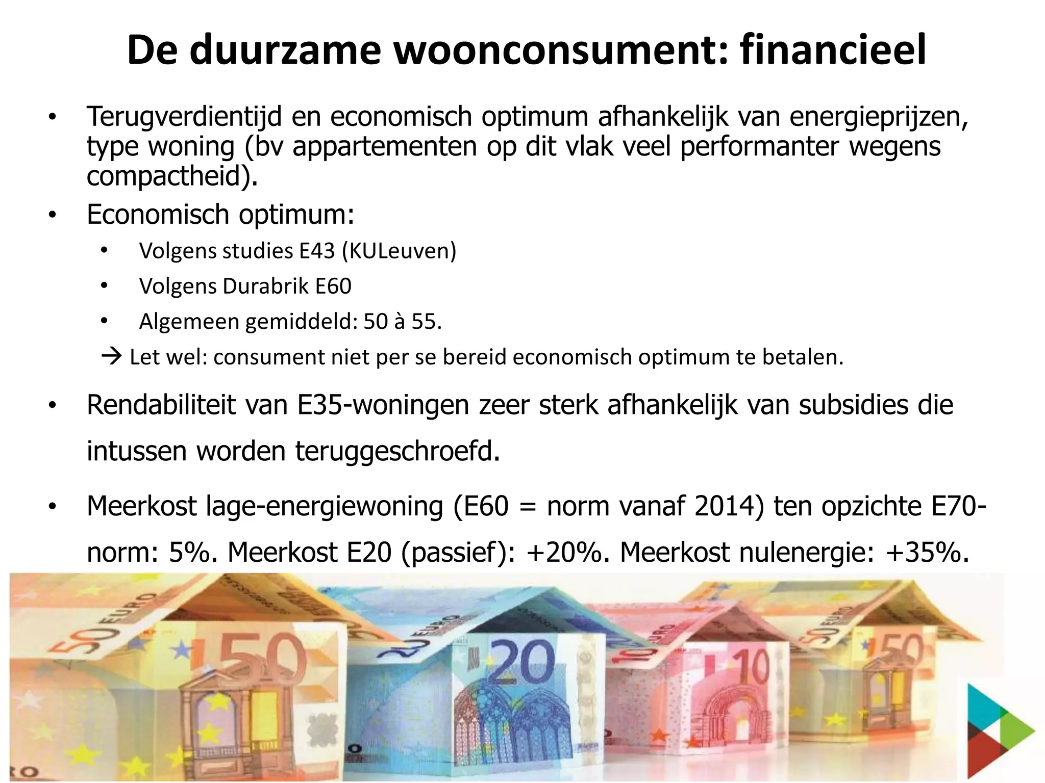 De duurzame woonconsument: financieel
•
•

Terugverdientijd en economisch optimum afhankelijk van energieprijzen,
type woning (bv appartementen op dit vlak veel performanter wegens
compactheid).
Economisch optimum:
• Volgens studies E43 (KULeuven)
• Volgens Durabrik E60
• Algemeen gemiddeld: 50 à 55.
 Let wel: consument niet per se bereid economisch optimum te betalen.

•

Rendabiliteit van E35-woningen zeer sterk afhankelijk van subsidies die
intussen worden teruggeschroefd.

•

Meerkost lage-energiewoning (E60 = norm vanaf 2014) ten opzichte E70norm: 5%. Meerkost E20 (passief): +20%. Meerkost nulenergie: +35%.

 