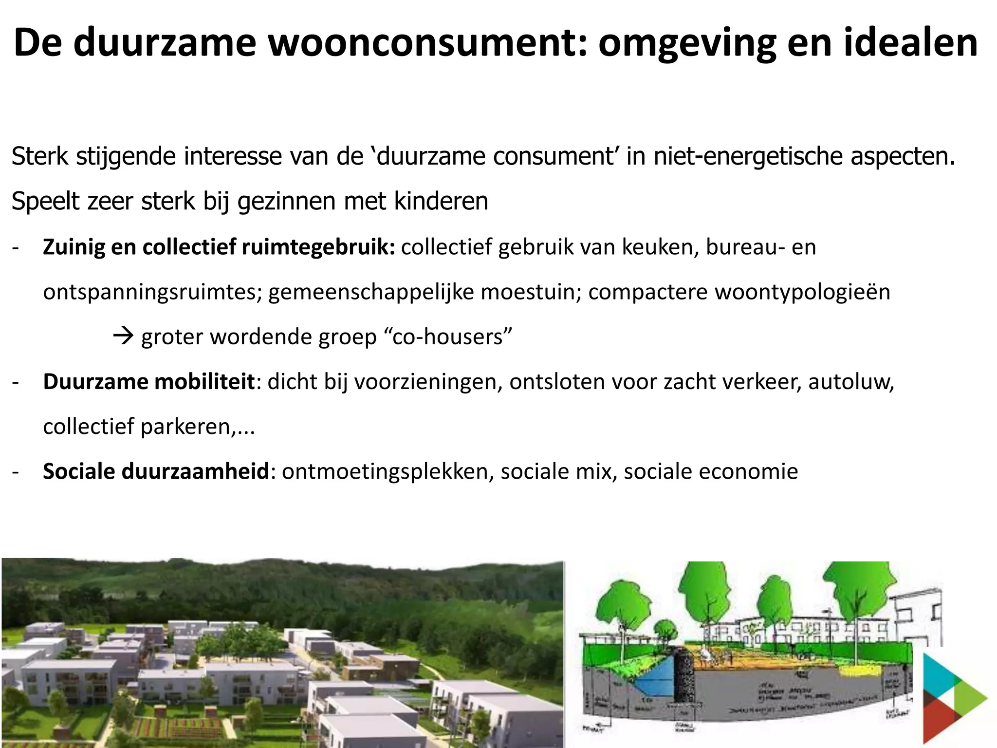 De duurzame woonconsument: omgeving en idealen
Sterk stijgende interesse van de ‘duurzame consument’ in niet-energetische aspecten.
Speelt zeer sterk bij gezinnen met kinderen
- Zuinig en collectief ruimtegebruik: collectief gebruik van keuken, bureau- en
ontspanningsruimtes; gemeenschappelijke moestuin; compactere woontypologieën
 groter wordende groep “co-housers”
- Duurzame mobiliteit: dicht bij voorzieningen, ontsloten voor zacht verkeer, autoluw,
collectief parkeren,...
- Sociale duurzaamheid: ontmoetingsplekken, sociale mix, sociale economie

 