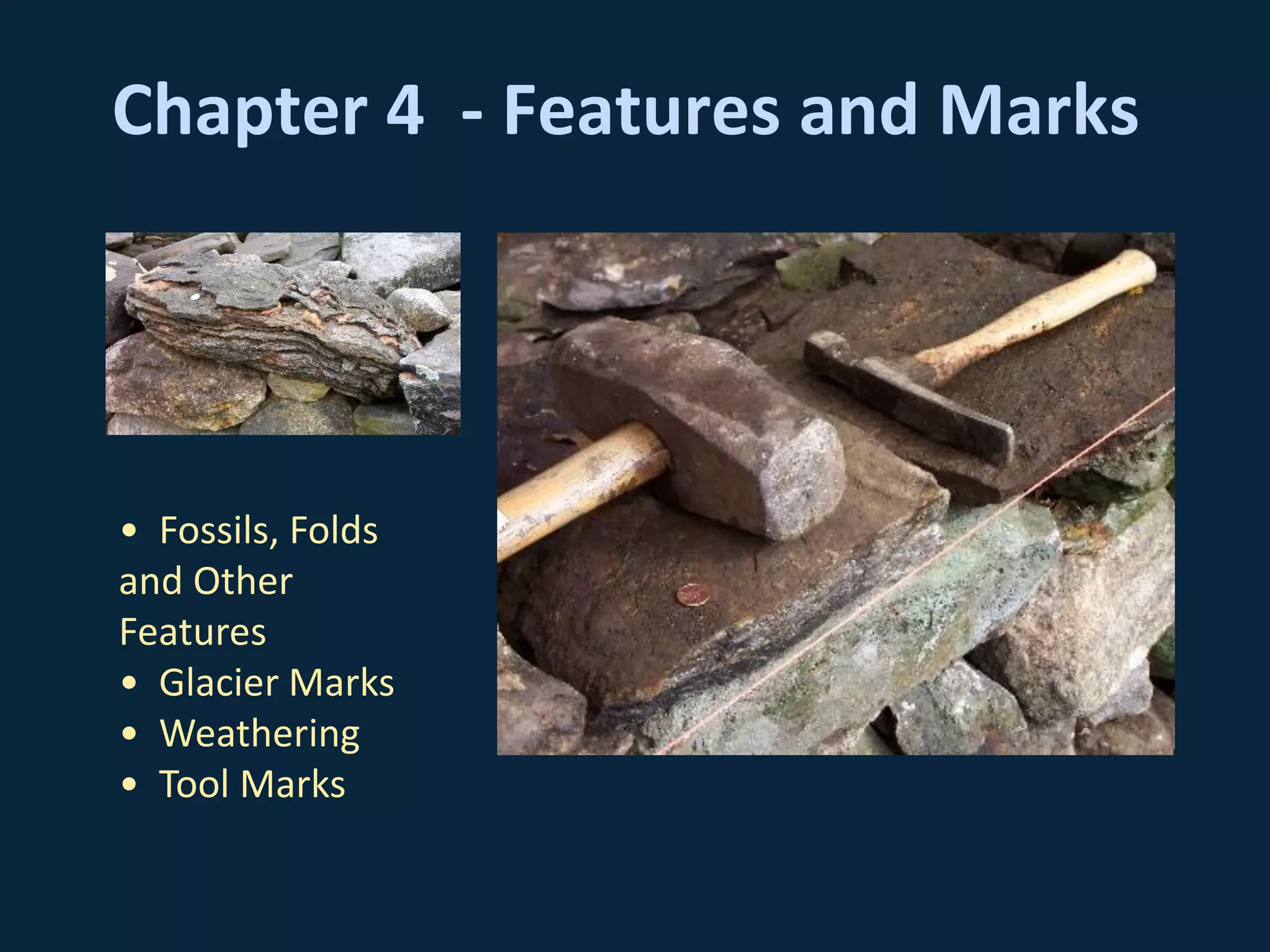 Chapter 4 - Features and Marks
• Fossils, Folds
and Other
Features
• Glacier Marks
• Weathering
• Tool Marks
 