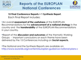 Reports of the EUROPLAN  National Conferences 15 Final Conference Reports + 1 Synthesis Report .  Each Final Report includes: An overall  assessment of the usefulness  of the EUROPLAN Recommendations for the  advancement of a national strategy  in the country and  the  transferability  of the EUROPLAN Recommendations in your country. Report of the  discussion and outcomes  of the thematic Working Groups  -  important conclusions on each theme have been delivered by the 15 Conferences including on  Social aspects. The National and the Synthesis Reports are available on:  http://www.eurordis.org/content/europlan-guidance-national-plans-and-conferences#EUROPLAN National Conference Final Reports 