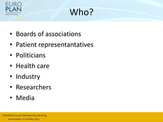 Who? Boards of associations Patient representantatives  Politicians Health care Industry Researchers Media 
