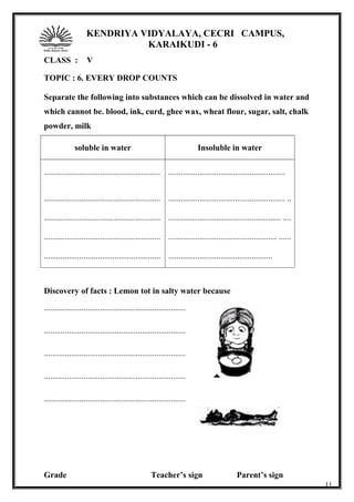 KENDRIYA VIDYALAYA, CECRI CAMPUS,
KARAIKUDI - 6
CLASS : V
TOPIC : 6. EVERY DROP COUNTS
Separate the following into substances which can be dissolved in water and
which cannot be. blood, ink, curd, ghee wax, wheat flour, sugar, salt, chalk
powder, milk
soluble in water Insoluble in water
........................................................
........................................................
........................................................
........................................................
........................................................
........................................................
........................................................ ..
...................................................... ....
.................................................... ......
..................................................
Discovery of facts : Lemon tot in salty water because
....................................................................
....................................................................
....................................................................
....................................................................
....................................................................
Grade Teacher’s sign Parent’s sign
11
 