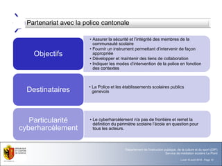Lundi 10 août 2015 - Page 12
Département de l'instruction publique, de la culture et du sport (DIP)
Service de médiation scolaire Le Point
Partenariat avec la police cantonale
• Assurer la sécurité et l’intégrité des membres de la
communauté scolaire
• Fournir un instrument permettant d’intervenir de façon
appropriée
• Développer et maintenir des liens de collaboration
• Indiquer les modes d’intervention de la police en fonction
des contextes
Objectifs
• La Police et les établissements scolaires publics
genevoisDestinataires
• Le cyberharcèlement n'a pas de frontière et remet la
définition du périmètre scolaire l’école en question pour
tous les acteurs.
Particularité
cyberharcèlement
 
