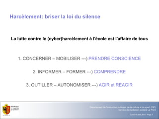 Lundi 10 août 2015 - Page 3
Département de l'instruction publique, de la culture et du sport (DIP)
Service de médiation scolaire Le Point
Harcèlement: briser la loi du silence
La lutte contre le (cyber)harcèlement à l'école est l'affaire de tous
1. CONCERNER – MOBILISER ---) PRENDRE CONSCIENCE
2. INFORMER – FORMER ---) COMPRENDRE
3. OUTILLER – AUTONOMISER ---) AGIR et REAGIR
 