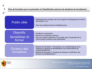 Lundi 10 août 2015 - Page 6
Département de l'instruction publique, de la culture et du sport (DIP)
Service de médiation scolaire Le Point
Plan de formation pour la prévention et l'identification précoce de situations de harcèlement1
• Etablissements scolaires des trois degrés d’enseignement primaire,
secondaire I et II
• Tous les professionnels de l’établissement
Public cible
• Améliorer la prévention
• Renforcer la détection précoce
• Agir de manière collective et concertée avec l’ensemble de la
communauté scolaire et ses partenaires
Objectifs:
Sensibiliser et
former
• Module de formation I: Introduction aux problématiques de la
violence en général et sensibilisation aux phénomènes de
(cyber)harcèlement
• Module de formation II: Analyse de situation et définition des
besoins de l’établissement
Contenu des
formations
 