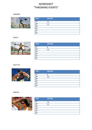 WORKSHEET
“THROWING EVENTS”
HAMMER
TRYS

METERS

1ST
2ND
3RD
4TH
5TH
6TH

12
13

TRYS

METERS

1ST
2ND
3RD
4TH
5TH
6TH

6
10

TRYS

METERS

1ST
2ND
3RD
4TH
5TH
6TH

8
10

TRYS

METERS

1ST
2ND
3RD
4TH
5TH
6TH

10
15

DISCUS

SHOT PUT

JABALIN

 
