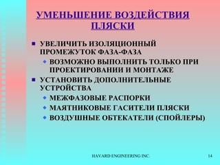 УМЕНЬШЕНИЕ ВОЗДЕЙСТВИЯ ПЛЯСКИ УВЕЛИЧИТЬ ИЗОЛЯЦИОННЫЙ ПРОМЕЖУТОК ФАЗА-ФАЗА ВОЗМОЖНО ВЫПОЛНИТЬ ТОЛЬКО ПРИ ПРОЕКТИРОВАНИИ И МОНТАЖЕ УСТАНОВИТЬ ДОПОЛНИТЕЛЬНЫЕ УСТРОЙСТВА МЕЖФАЗОВЫЕ РАСПОРКИ МАЯТНИКОВЫЕ ГАСИТЕЛИ ПЛЯСКИ ВОЗДУШНЫЕ ОБТЕКАТЕЛИ (СПОЙЛЕРЫ) 