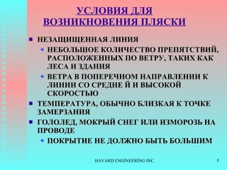 УСЛОВИЯ ДЛЯ ВОЗНИКНОВЕНИЯ ПЛЯСКИ НЕЗАЩИЩЕННАЯ ЛИНИЯ   НЕБОЛЬШОЕ КОЛИЧЕСТВО ПРЕПЯТСТВИЙ, РАСПОЛОЖЕННЫХ ПО ВЕТРУ, ТАКИХ КАК ЛЕСА И ЗДАНИЯ   ВЕТРА В ПОПЕРЕЧНОМ НАПРАВЛЕНИИ К ЛИНИИ СО СРЕДНЕ Й И ВЫСОКОЙ СКОРОСТЬЮ ТЕМПЕРАТУРА, ОБЫЧНО БЛИЗКАЯ К ТОЧКЕ ЗАМЕРЗАНИЯ ГОЛОЛЕД ,  МОКРЫЙ СНЕГ ИЛИ ИЗМОРОЗЬ НА ПРОВОДЕ ПОКРЫТИЕ НЕ ДОЛЖНО БЫТЬ БОЛЬШИМ 