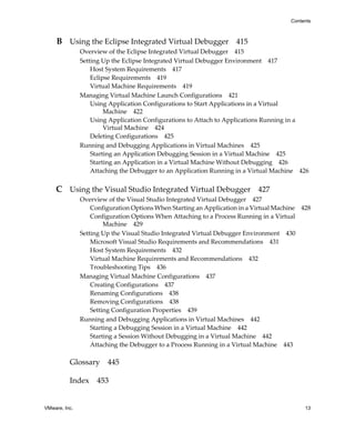 Contents



     B Using the Eclipse Integrated Virtual Debugger 415
               Overview of the Eclipse Integrated Virtual Debugger 415
               Setting Up the Eclipse Integrated Virtual Debugger Environment 417
                   Host System Requirements 417
                   Eclipse Requirements 419
                   Virtual Machine Requirements 419
               Managing Virtual Machine Launch Configurations 421
                   Using Application Configurations to Start Applications in a Virtual 
                        Machine 422
                   Using Application Configurations to Attach to Applications Running in a 
                        Virtual Machine 424
                   Deleting Configurations 425
               Running and Debugging Applications in Virtual Machines 425
                   Starting an Application Debugging Session in a Virtual Machine 425
                   Starting an Application in a Virtual Machine Without Debugging 426
                   Attaching the Debugger to an Application Running in a Virtual Machine 426


    C Using the Visual Studio Integrated Virtual Debugger 427
               Overview of the Visual Studio Integrated Virtual Debugger 427
                   Configuration Options When Starting an Application in a Virtual Machine 428
                   Configuration Options When Attaching to a Process Running in a Virtual 
                        Machine 429
               Setting Up the Visual Studio Integrated Virtual Debugger Environment 430
                   Microsoft Visual Studio Requirements and Recommendations 431
                   Host System Requirements 432
                   Virtual Machine Requirements and Recommendations 432
                   Troubleshooting Tips 436
               Managing Virtual Machine Configurations 437
                   Creating Configurations 437
                   Renaming Configurations 438
                   Removing Configurations 438
                   Setting Configuration Properties 439
               Running and Debugging Applications in Virtual Machines 442
                   Starting a Debugging Session in a Virtual Machine 442
                   Starting a Session Without Debugging in a Virtual Machine 442
                   Attaching the Debugger to a Process Running in a Virtual Machine 443

          Glossary      445

          Index 453


VMware, Inc.                                                                                13
 