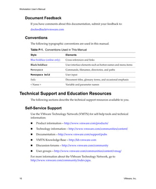 Workstation User’s Manual



     Document Feedback
          If you have comments about this documentation, submit your feedback to:

          docfeedback@vmware.com


     Conventions
          The following typographic conventions are used in this manual.

          Table P-1. Conventions Used in This Manual
          Style                         Elements

          Blue boldface (online only)   Cross‐references and links

          Black boldface                User interface elements such as button names and menu items

          Monospace                     Commands, filenames, directories, and paths

          Monospace bold                User input

          Italic                        Document titles, glossary terms, and occasional emphasis

          < Name >                      Variable and parameter names


Technical Support and Education Resources
          The following sections describe the technical support resources available to you.


     Self-Service Support
          Use the VMware Technology Network (VMTN) for self‐help tools and technical 
          information:

                   Product information – http://www.vmware.com/products/

                   Technology information – http://www.vmware.com/communities/content/

                   Documentation – http://www.vmware.com/support/pubs

                   VMTN Knowledge Base – http://kb.vmware.com

                   Discussion forums – http://www.vmware.com/community

                   User groups – http://www.vmware.com/communities/content/vmug/

          For more information about the VMware Technology Network, go to 
          http://www.vmware.com/community/index.jspa.




16                                                                                         VMware, Inc.
 