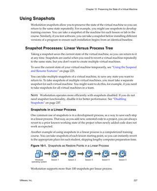 Chapter 10 Preserving the State of a Virtual Machine



Using Snapshots
          Workstation snapshots allow you to preserve the state of the virtual machine so you can 
          return to the same state repeatedly. For example, you might use snapshots to develop 
          training courses. You can take a snapshot of the machine for each lesson or lab in the 
          course. Similarly, if you test software, you can take a snapshot before installing different 
          versions of a program to ensure each installation begins from an identical baseline.


     Snapshot Processes: Linear Versus Process Tree
          Taking a snapshot saves the current state of the virtual machine, so you can return to it 
          at any time. Snapshots are useful when you need to revert a virtual machine repeatedly 
          to the same state, but you don’t want to create multiple virtual machines. 

          To save the current state of your virtual machine temporarily, see “Using the Suspend 
          and Resume Features” on page 225.

          You can take multiple snapshots of a virtual machine, to save any state you want to 
          return to. To take snapshots of multiple virtual machines, you must take a separate 
          snapshot for each virtual machine. You might want to do this, for example, if you need 
          to take snapshots for all virtual machines in a team.

          NOTE   Workstation operates more efficiently with snapshots disabled. If you do not 
          need snapshot functionality, disable it for better performance. See “Disabling 
          Snapshots” on page 237.

          Snapshots in a Linear Process
          One common use of snapshots is in a development process, as a way to save each step 
          in a linear process. That way, as you add new, untested code to a project, you can always 
          revert to a prior known working state of the project when newly added code does not 
          work as expected.

          Another example of using snapshots in a linear process is a computerized training 
          course. You can take snapshots of each lesson starting point, so you can instantly revert 
          to the appropriate place for each student, skipping lengthy computer preparation time. 

          Figure 10-1. Snapshots as Restore Points in a Linear Process



              Windows         lesson 1    lesson 2       lesson 3         lesson 4         lesson 5
           operating system


          Workstation supports more than 100 snapshots per linear process.



VMware, Inc.                                                                                              227
 