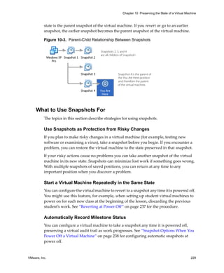 Chapter 10 Preserving the State of a Virtual Machine



          state is the parent snapshot of the virtual machine. If you revert or go to an earlier 
          snapshot, the earlier snapshot becomes the parent snapshot of the virtual machine.

          Figure 10-3. Parent-Child Relationship Between Snapshots

                                           Snapshots 2, 3, and 4
                                           are all children of Snapshot1.




                                                         Snapshot 4 is the parent of
                                                         the You Are Here position
                                                         and therefore the parent
                                                         of the virtual machine.




     What to Use Snapshots For
          The topics in this section describe strategies for using snapshots.

          Use Snapshots as Protection from Risky Changes
          If you plan to make risky changes in a virtual machine (for example, testing new 
          software or examining a virus), take a snapshot before you begin. If you encounter a 
          problem, you can restore the virtual machine to the state preserved in that snapshot.

          If your risky actions cause no problems you can take another snapshot of the virtual 
          machine in its new state. Snapshots can minimize lost work if something goes wrong. 
          With multiple snapshots of saved positions, you can return at any time to any 
          important position when you discover a problem.

          Start a Virtual Machine Repeatedly in the Same State
          You can configure the virtual machine to revert to a snapshot any time it is powered off. 
          You might use this feature, for example, when setting up student virtual machines to 
          power on for each new class at the beginning of the lesson, discarding the previous 
          student’s work. See “Reverting at Power Off” on page 237 for the procedure.

          Automatically Record Milestone Status
          You can configure a virtual machine to take a snapshot any time it is powered off, 
          preserving a virtual audit trail as work progresses. See “Snapshot Options When You 
          Power Off a Virtual Machine” on page 238 for configuring automatic snapshots at 
          power off.



VMware, Inc.                                                                                                 229
 