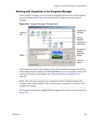 Chapter 10 Preserving the State of a Virtual Machine



     Working with Snapshots in the Snapshot Manager
          In the snapshot manager, you can review all snapshots for the active virtual machine 
          and act on them directly. Figure 10‐4 illustrates the components of the snapshot 
          manager.

          Figure 10-4. Snapshot Manager: Windows Host


                                                                                          snapshot of a
          snapshot                                                                        recording
          tree
                                                                                          ordinary
                                                                                          snapshot
                                                                                          snapshot of a
                                                                                          linked clone


                                                                                          thumbnail of
                                                                                          selected
                                                                                          snapshot’s
          details                                                                         display


                                                                                          command
                                                                                          buttons



          The snapshot tree shows all snapshots for the virtual machine, arranged to show the 
          relationship between snapshots. The You Are Here icon is not a snapshot; it shows the 
          current state of the virtual machine. See “Relationship Between Snapshots” on 
          page 228.

          NOTE   Move the mouse pointer over a snapshot (without clicking) to display the 
          complete name of that snapshot. This is useful when a long name is truncated in the 
          snapshot tree display.

          The snapshot manager has a slightly different appearance on Linux hosts, as shown in 
          Figure 10‐5.




VMware, Inc.                                                                                          233
 