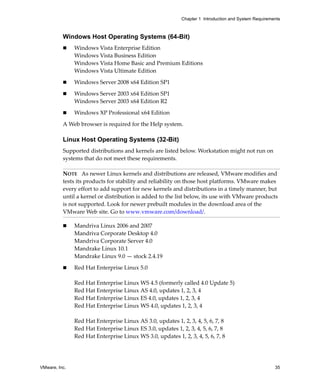 Chapter 1 Introduction and System Requirements



          Windows Host Operating Systems (64-Bit)
               Windows Vista Enterprise Edition
               Windows Vista Business Edition
               Windows Vista Home Basic and Premium Editions
               Windows Vista Ultimate Edition

               Windows Server 2008 x64 Edition SP1

               Windows Server 2003 x64 Edition SP1
               Windows Server 2003 x64 Edition R2

               Windows XP Professional x64 Edition

          A Web browser is required for the Help system.

          Linux Host Operating Systems (32-Bit)
          Supported distributions and kernels are listed below. Workstation might not run on 
          systems that do not meet these requirements. 

          NOTE   As newer Linux kernels and distributions are released, VMware modifies and 
          tests its products for stability and reliability on those host platforms. VMware makes 
          every effort to add support for new kernels and distributions in a timely manner, but 
          until a kernel or distribution is added to the list below, its use with VMware products 
          is not supported. Look for newer prebuilt modules in the download area of the 
          VMware Web site. Go to www.vmware.com/download/. 

               Mandriva Linux 2006 and 2007 
               Mandriva Corporate Desktop 4.0
               Mandriva Corporate Server 4.0
               Mandrake Linux 10.1
               Mandrake Linux 9.0 — stock 2.4.19

               Red Hat Enterprise Linux 5.0 

               Red Hat Enterprise Linux WS 4.5 (formerly called 4.0 Update 5)
               Red Hat Enterprise Linux AS 4.0, updates 1, 2, 3, 4
               Red Hat Enterprise Linux ES 4.0, updates 1, 2, 3, 4
               Red Hat Enterprise Linux WS 4.0, updates 1, 2, 3, 4

               Red Hat Enterprise Linux AS 3.0, updates 1, 2, 3, 4, 5, 6, 7, 8
               Red Hat Enterprise Linux ES 3.0, updates 1, 2, 3, 4, 5, 6, 7, 8
               Red Hat Enterprise Linux WS 3.0, updates 1, 2, 3, 4, 5, 6, 7, 8




VMware, Inc.                                                                                          35
 
